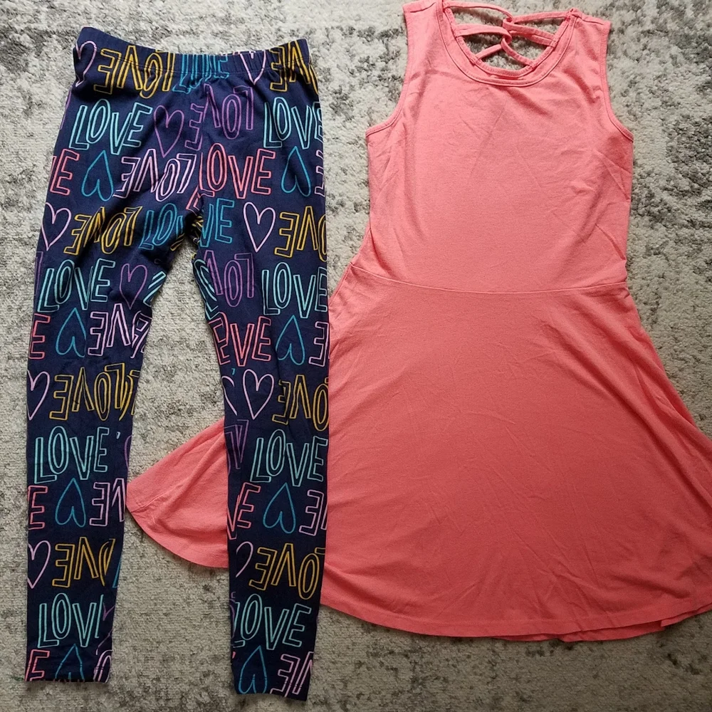 Children's Place Peach Dress Navy Love Leggings Cat & Jack Girls Kids Large L